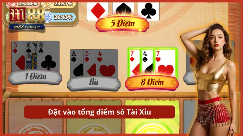 Dự đoán tổng điểm 3 lá bài là Tài/Xỉu để đa dạng hóa vé cược.