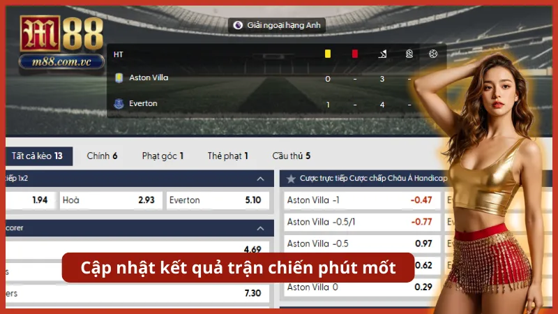 Hệ thống cập nhật Live Score và biến động tỷ lệ theo thời gian thực.